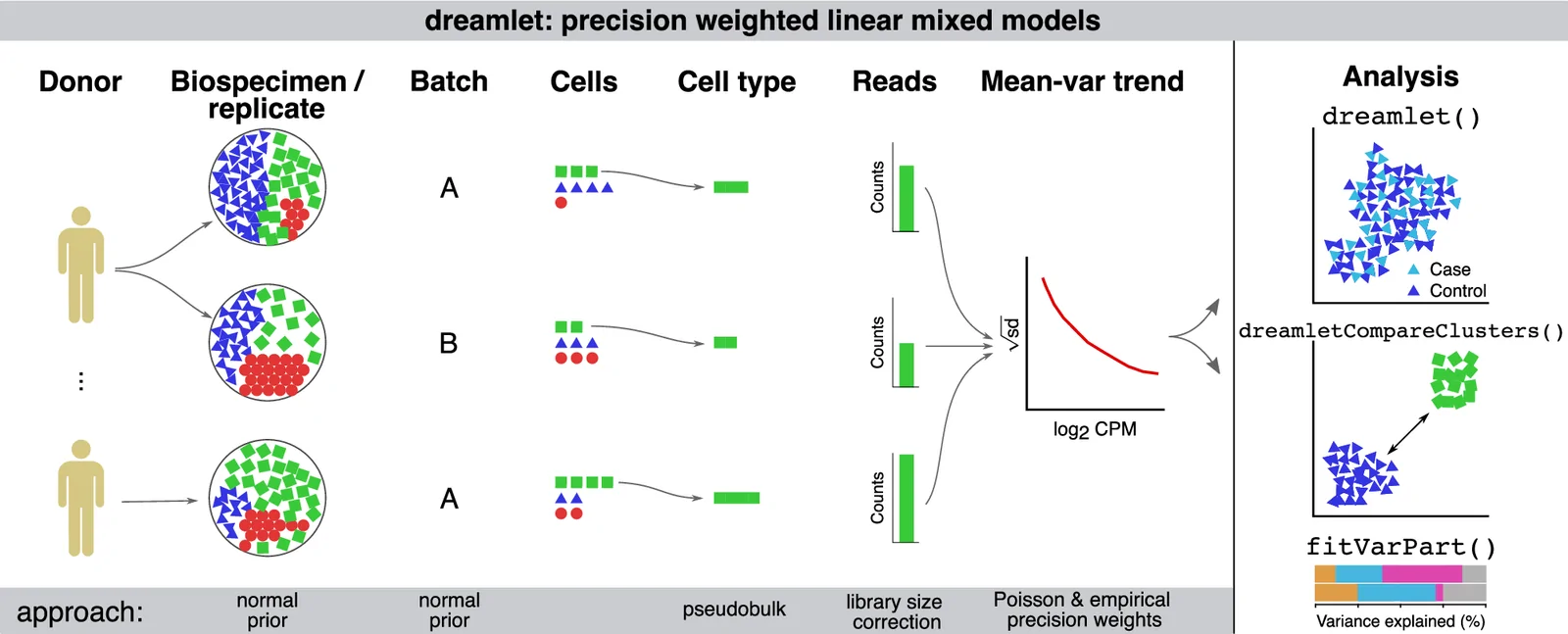 Fig. 1 of the paper: Illustration of dreamlet workflow using precision-weighted linear mixed models.