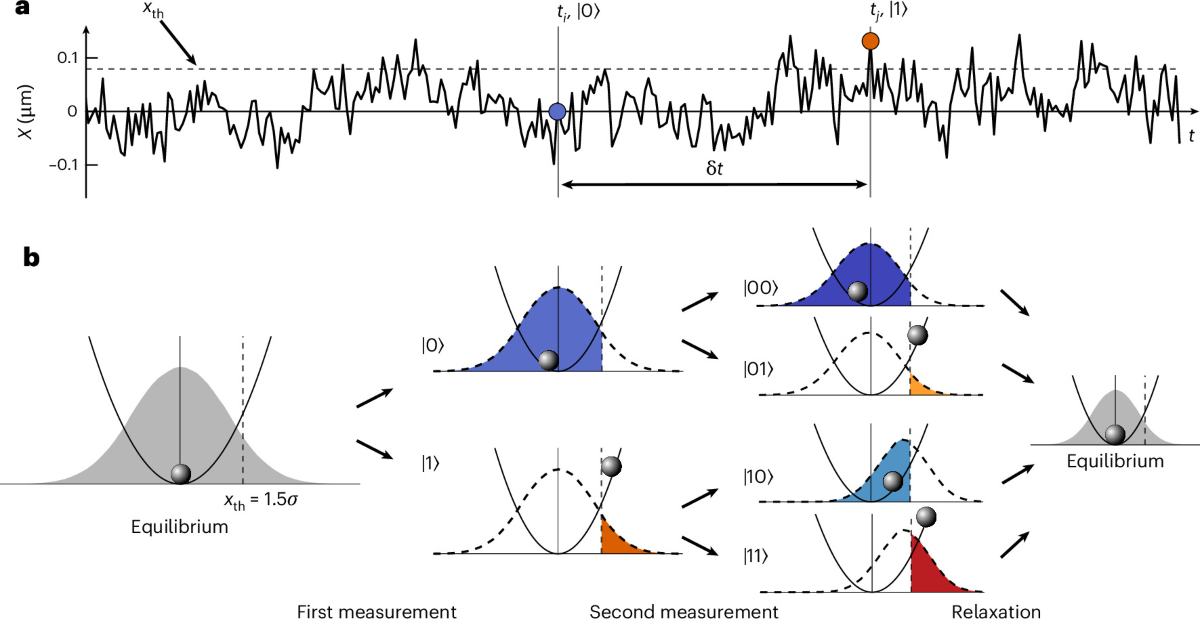 Fig. 1 of the paper: Two-measurement protocol and state-conditioned particle distributions.